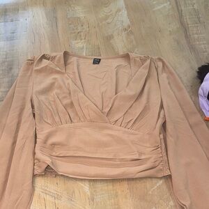 SHEIN Tan Wrap V-Neck Long Sleeve Ruched Crop Blouse